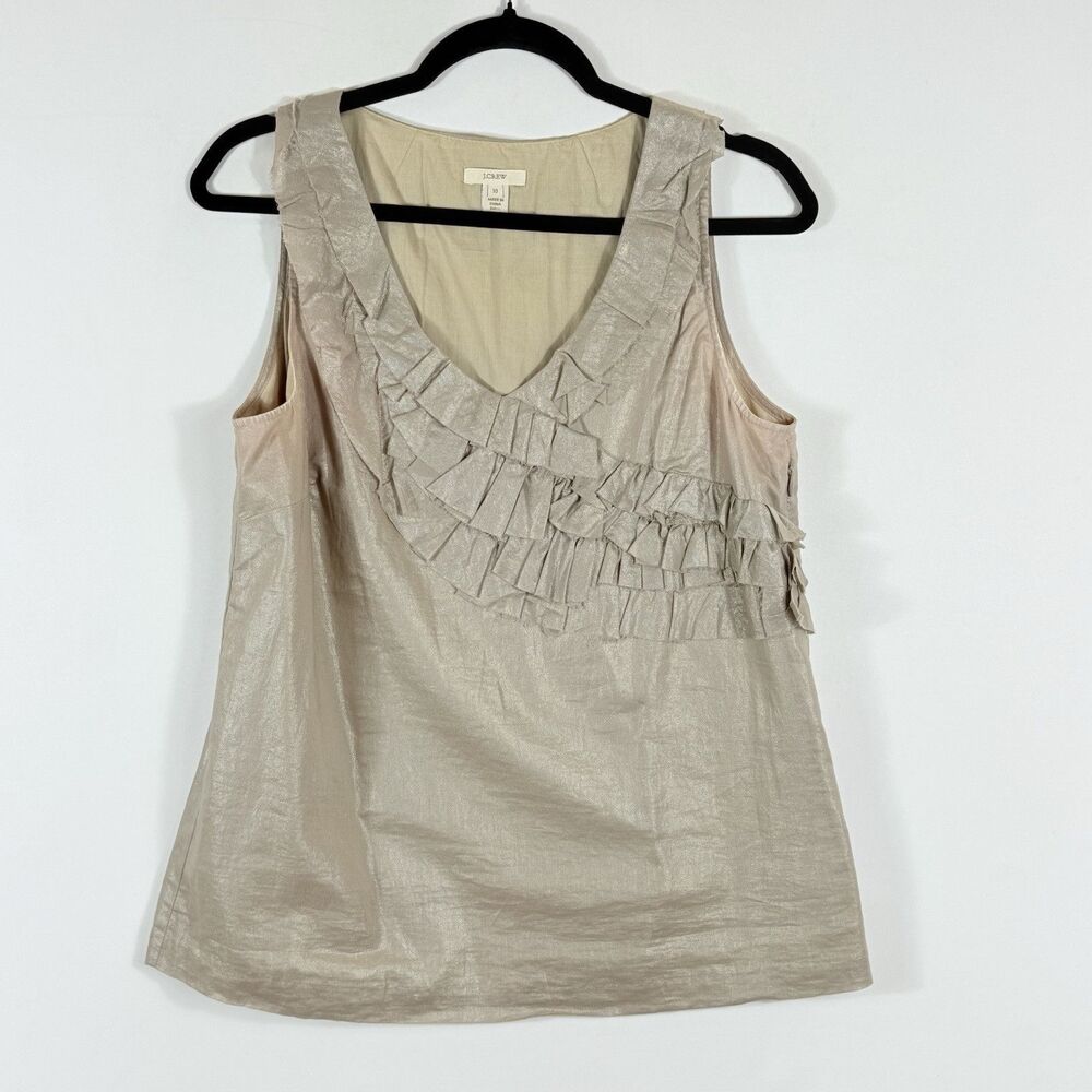 J.‎ Crew Top Women 10 Tan Shimmer Raw Ruffles Ethereal Western Sleeveless Shirt